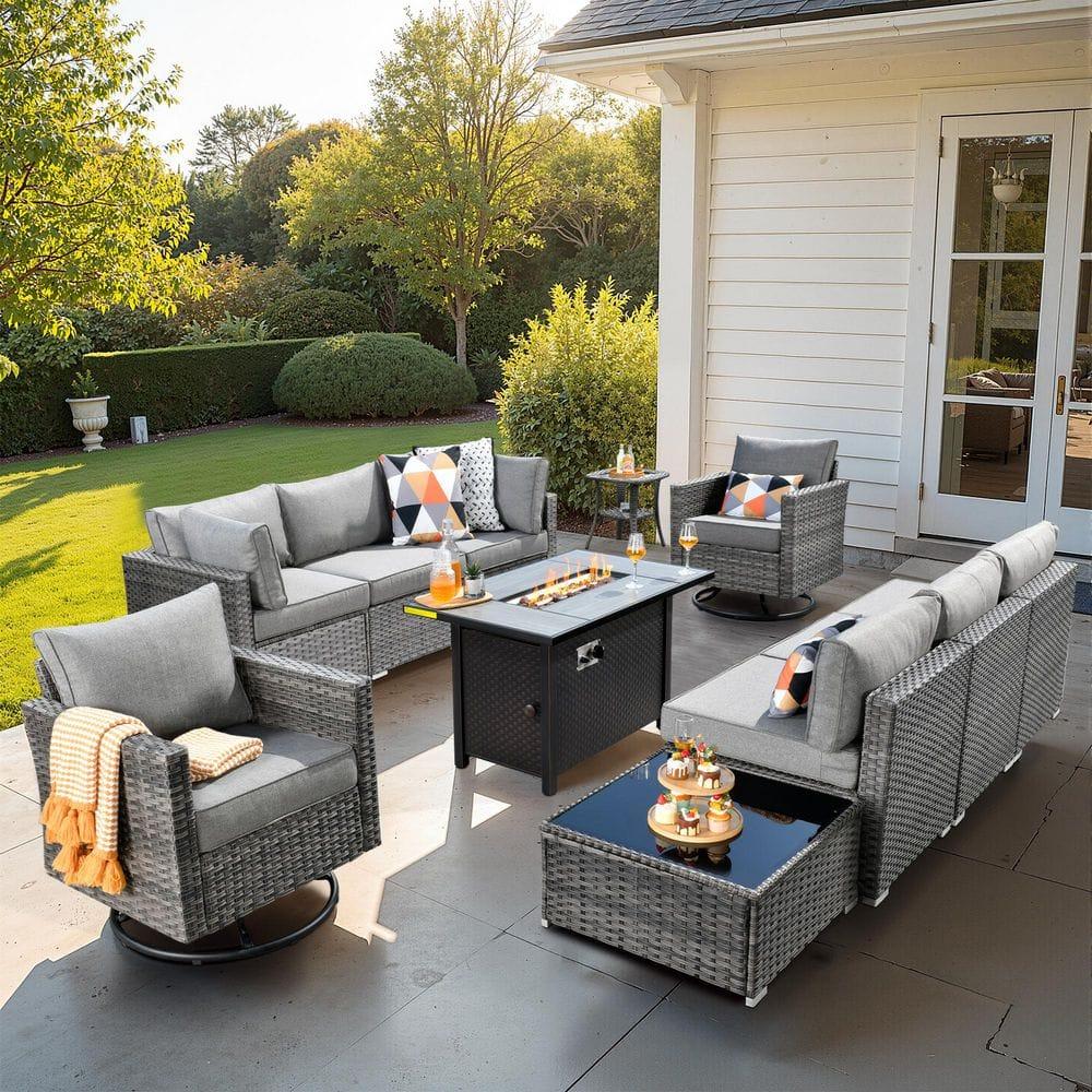 Ovios Venice 11pc Wicker Outdoor Patio Furniture Set Conversation Sofa with a Metal Fire Pit Swivel Chairs and Dark Gray Cushions