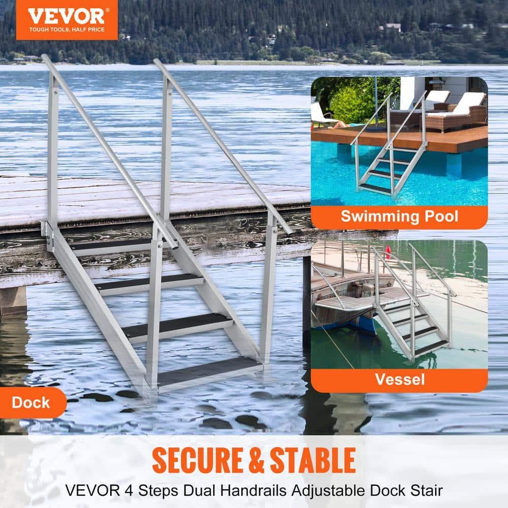 VEVOR Dock Stairs 4 Steps, 500lbs Load Pool Steps, Adjustable Height Aluminum Dock Ladders, Pontoon Boat Ladder with Handrails & Widen Nonslip Pedals for Lake/Pool/Marine Boarding/RV/House