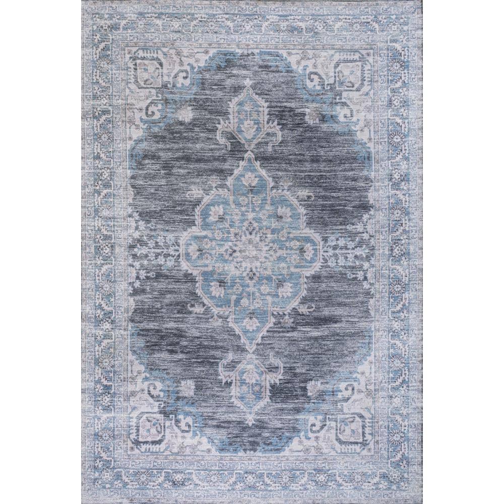 Wincer Chenille Cottage Medallion Machine-Washable Gray/Blue/White 5 ft. x 8 ft. Area Rug - JONATHAN Y