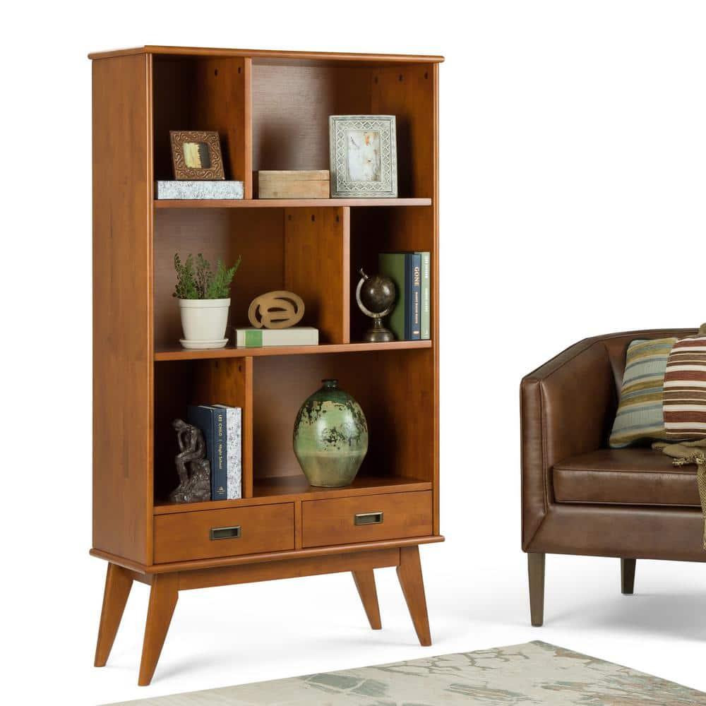 Simpli Home Draper 35"W Solid Hardwood 6 Shelf Compartment Mid-Century Modern Wide Bookcase with 2 Drawers