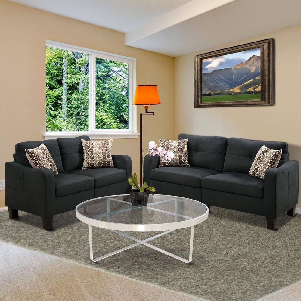 Benjara Polyfiber 2 Pieces Sofa Set With Accent Pillows Dark Gray-Color:Gray