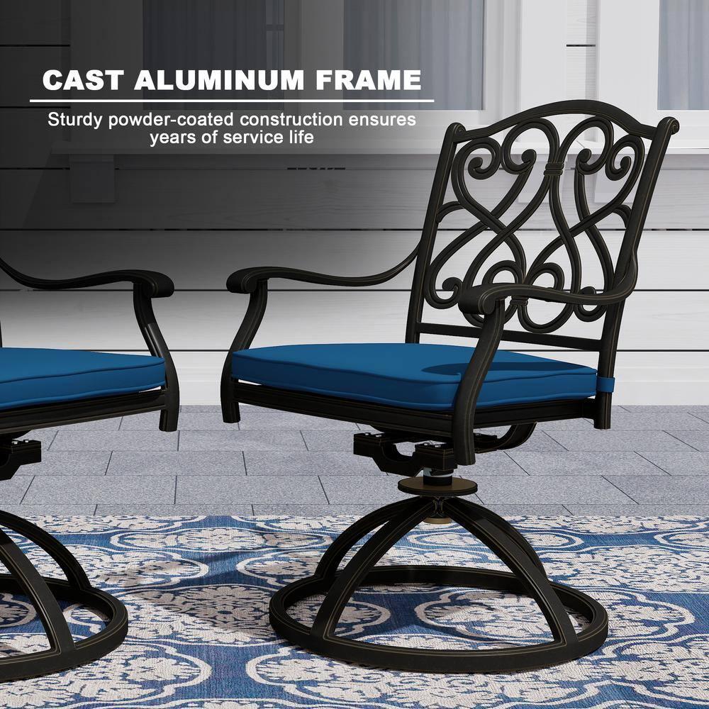 Black Cast Aluminum 6-Person Outdoor Dining Set with Blue Cushions