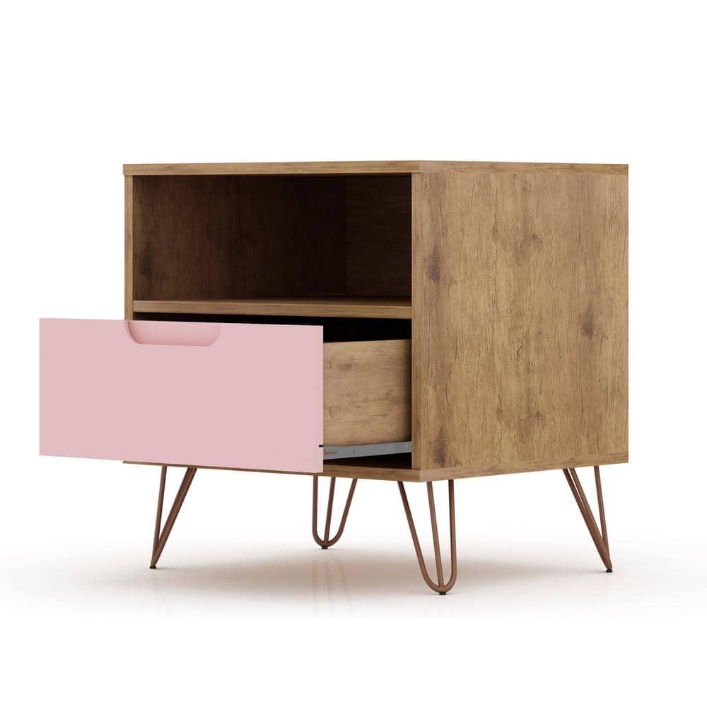 Set of 2 Rockefeller 1 Drawer Nightstands Nature/Rose Pink - Manhattan Comfort: Mid-century Design, Metal Legs, MDF