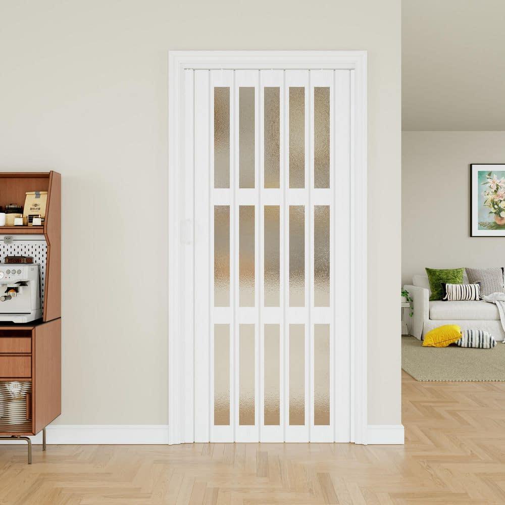 Upgrade Dual Layer Vinyl Accordion Door with Handles and Magnetic Door Lock, 4-Lite Frosted Acrylic Glass, White
