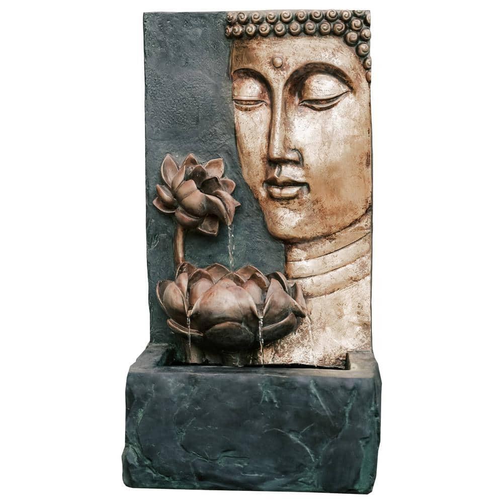 XBrand 30" H Zen Buddha Face Water Fountain w/ LED light & Pump, Indoor/Outdoor Freestanding, Relaxing Zen Décor, Bronze and Natural Grey Polyresin Fountain for Home Patio Garden Backyard