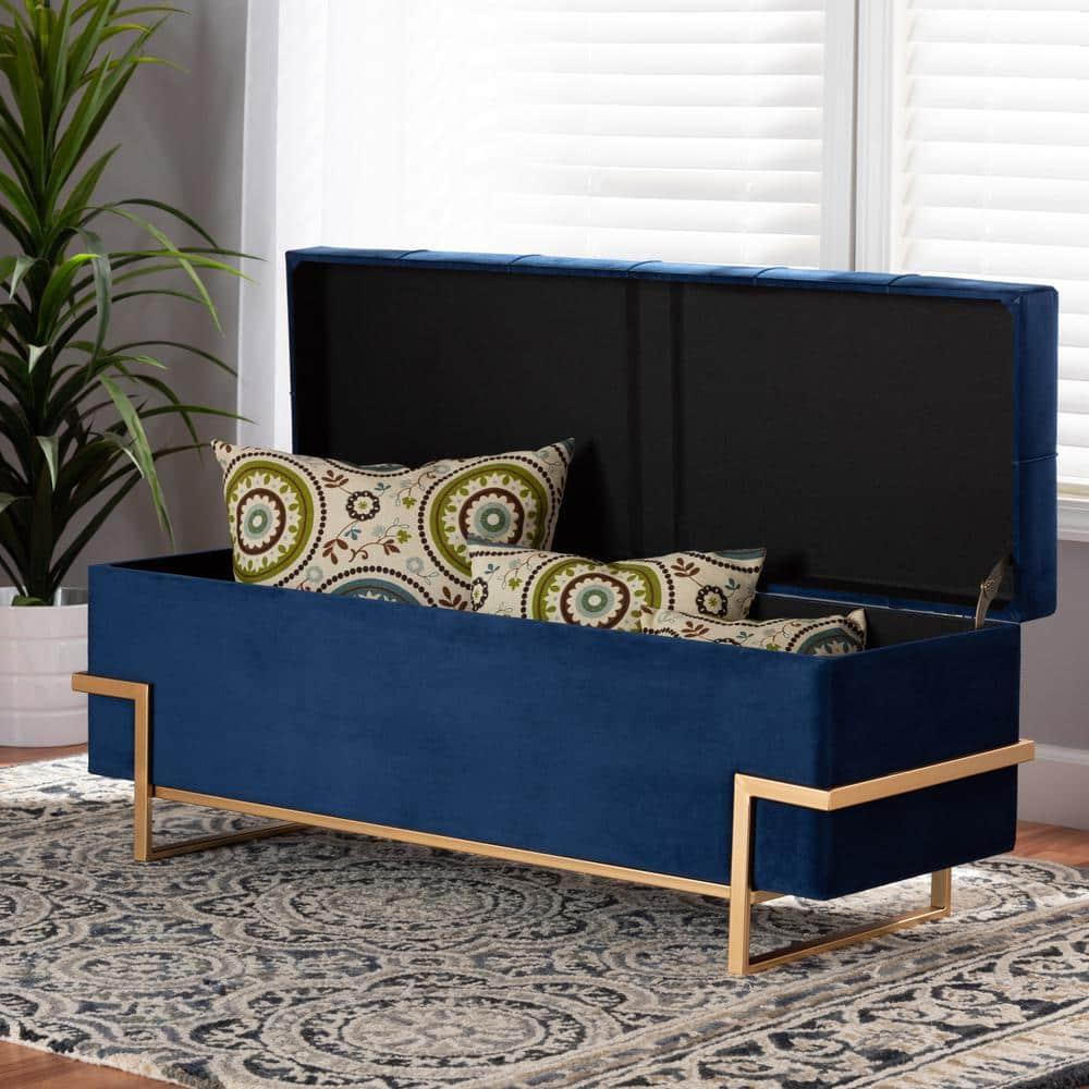 Parker Velvet Upholstered and Metal Storage Ottoman Blue/Gold - Baxton Studio: Rectangular Bench with Bow Pattern