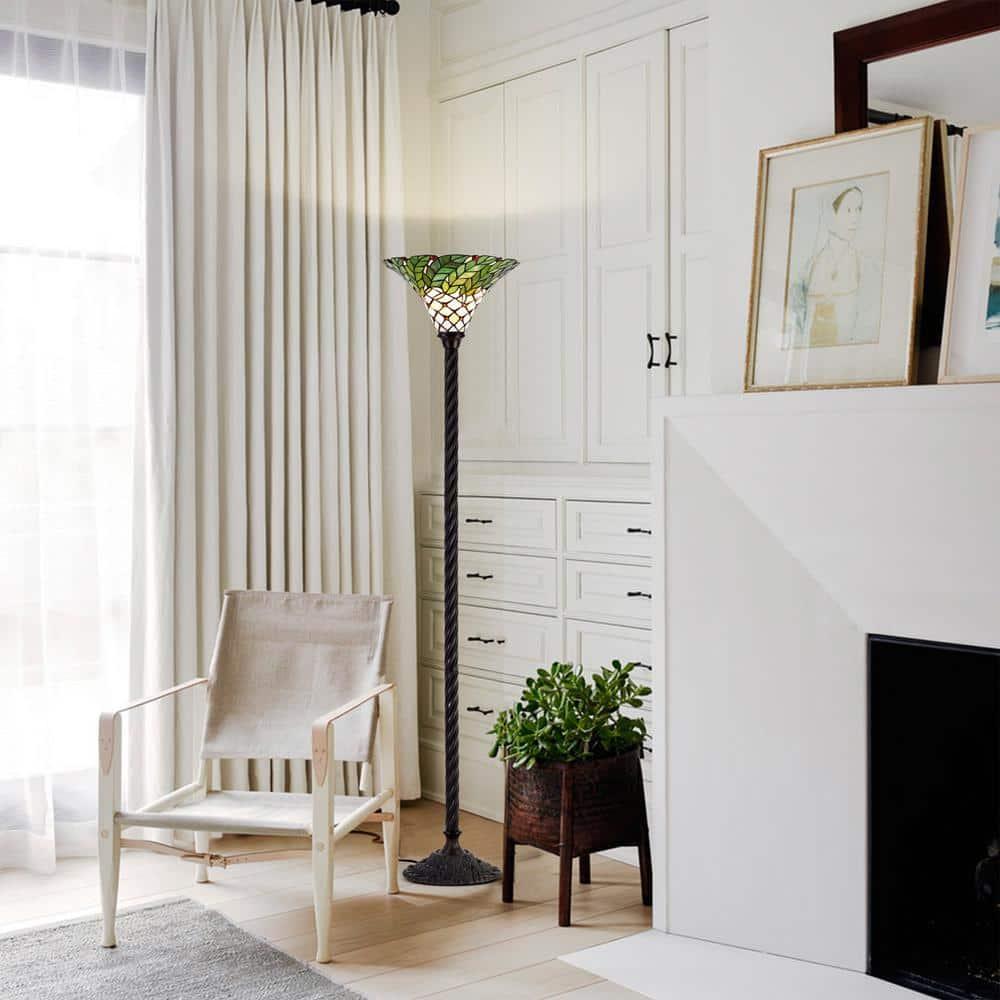 72 in. Antique Bronze Green Leaf Stained Glass Floor Lamp with Foot Switch