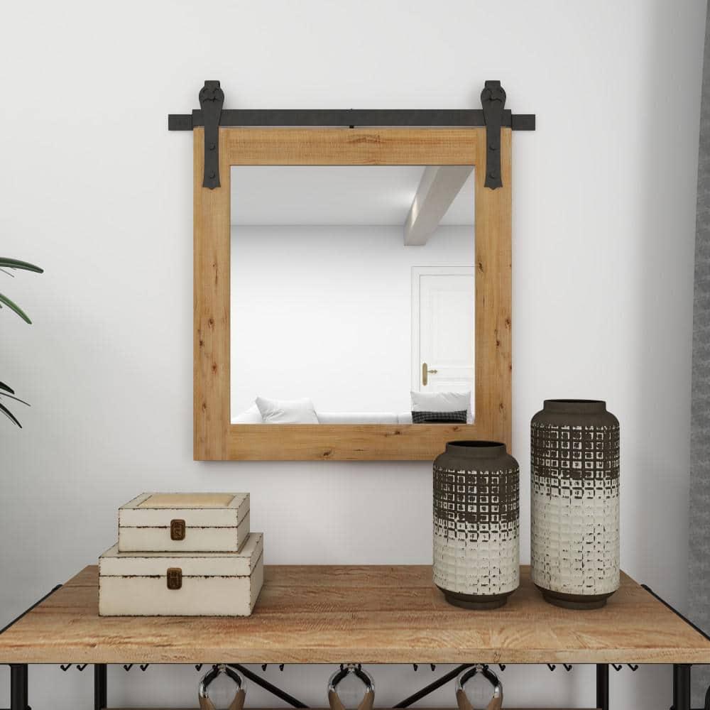 DecMode Industrial Brown Square Shaped Wall Mirror with Natural Wood Grain Pattern, 31"W x 31"H