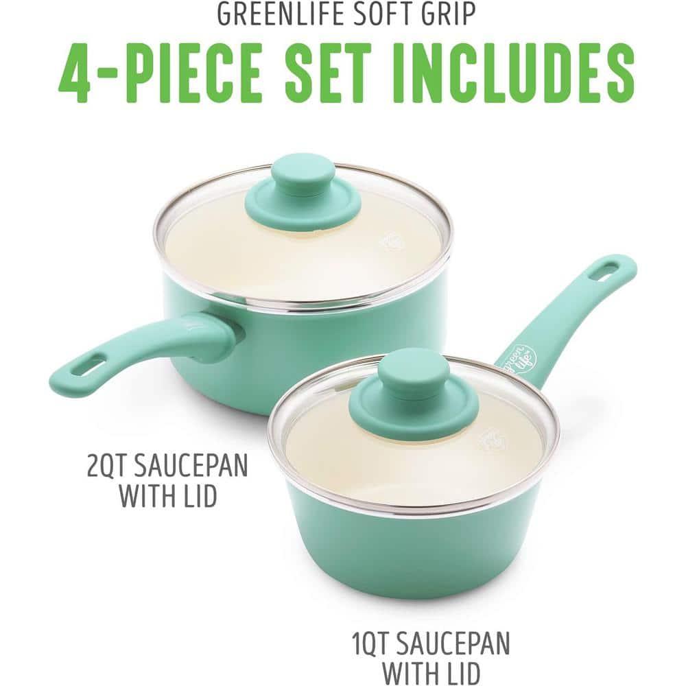 GreenLife GreenLife Soft Grip Healthy Ceramic Nonstick, 1QT And 2QT Saucepan Pot Set With Lids, Dishwasher Safe