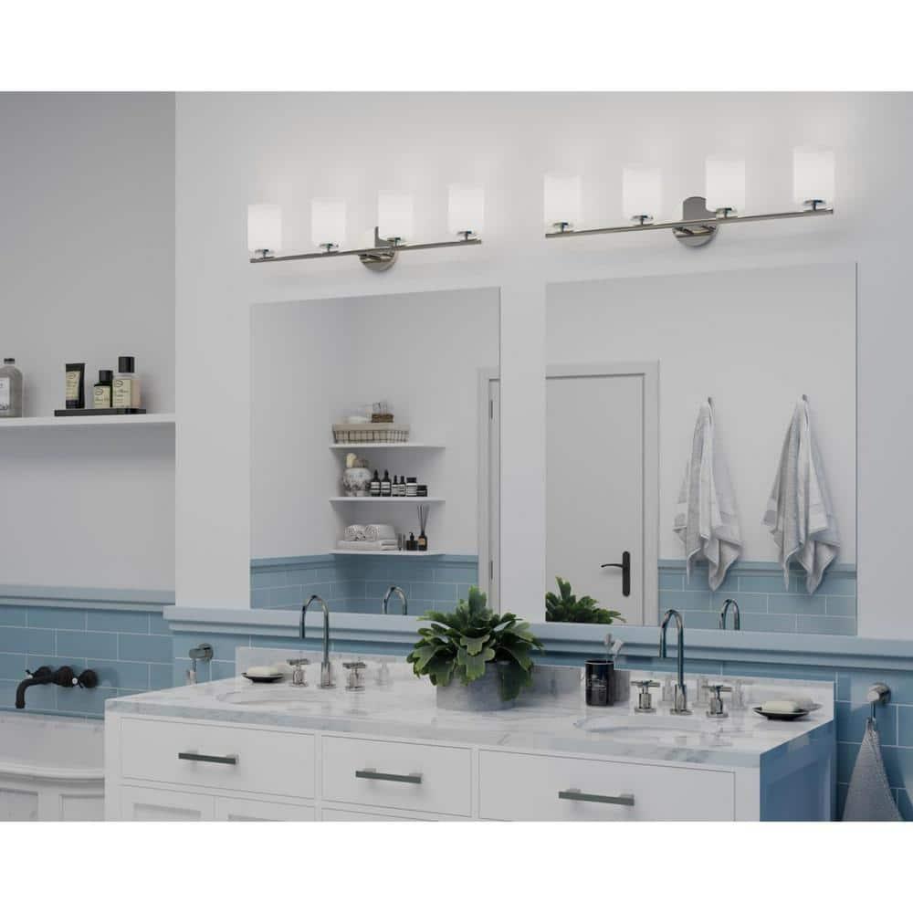 Progress Lighting Replay 4-Light Bath Vanity, Polished Nickel, Porcelain, Up/Down Mount, Brushed Nickel Finish, Shade Included
