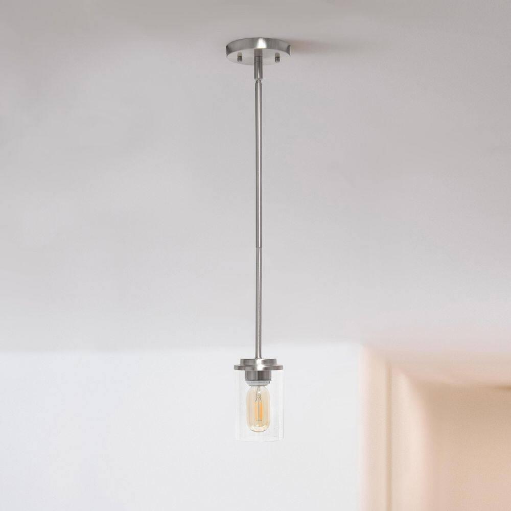 1-Light 5.75" Minimalist Industrial Farmhouse Adjustable Hanging Clear Cylinder Glass Pendant Metallic Silver - Lalia Home: UL Listed, E26 Base