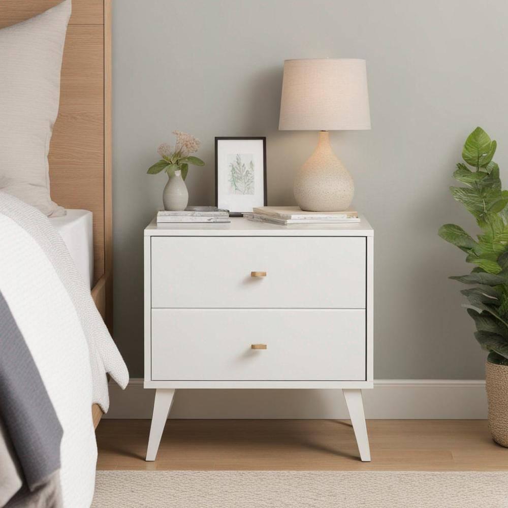 Mid Century Modern 2 Drawer Wide Nightstand White - Prepac: Sleek Bedside Table, Tapered Legs