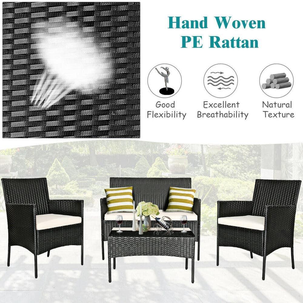 Costway 4PCS Patio Rattan Furniture Set Cushioned Sofa Coffee Table Backyard Porch White
