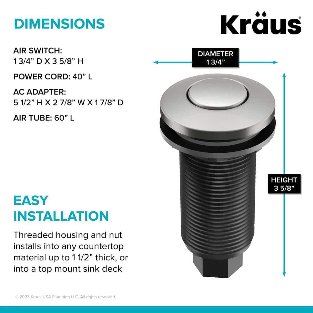Kraus KRAUS Garbage Disposal Air Switch Kit with Push Button, AC Adapter, Power Cord, and Air Tube Included