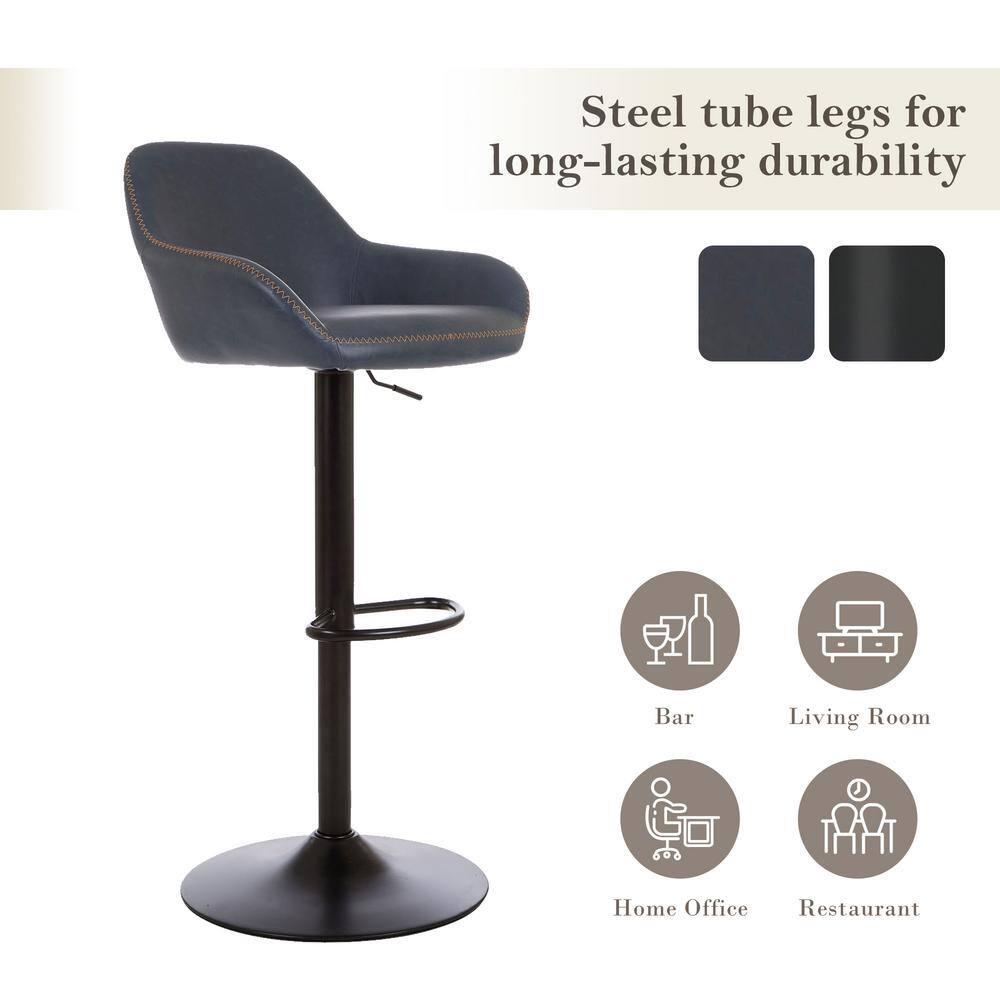 Glitzhome  42"H Mid-Century Adjustable Faux Leather Swivel Bar Stools Low Back Navy Blue Set of 2 Foam, Steel Faux Leather, Foam Footrest, Padded