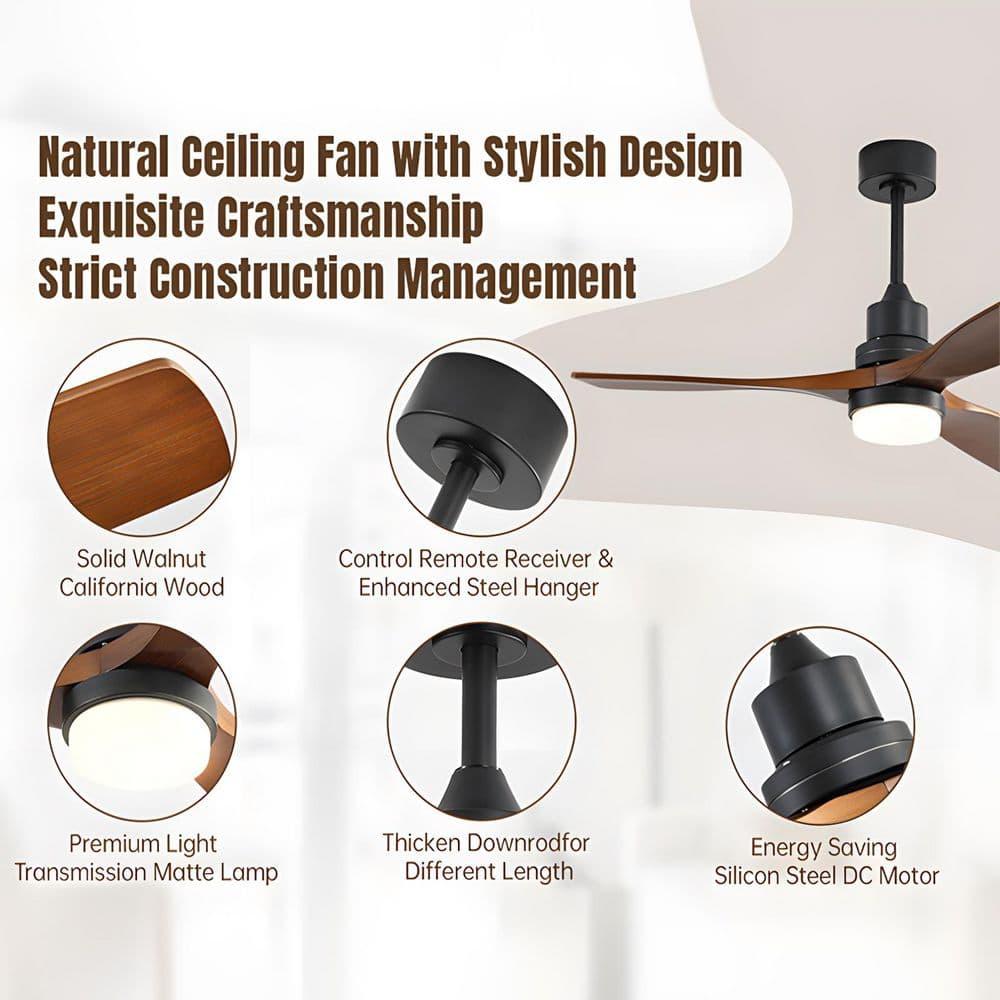 Ventilador de Techo Moderno de 52" sin Luz, Control Remoto y Motor CC Reversible Incluido Negro con Veta de Madera Oscura