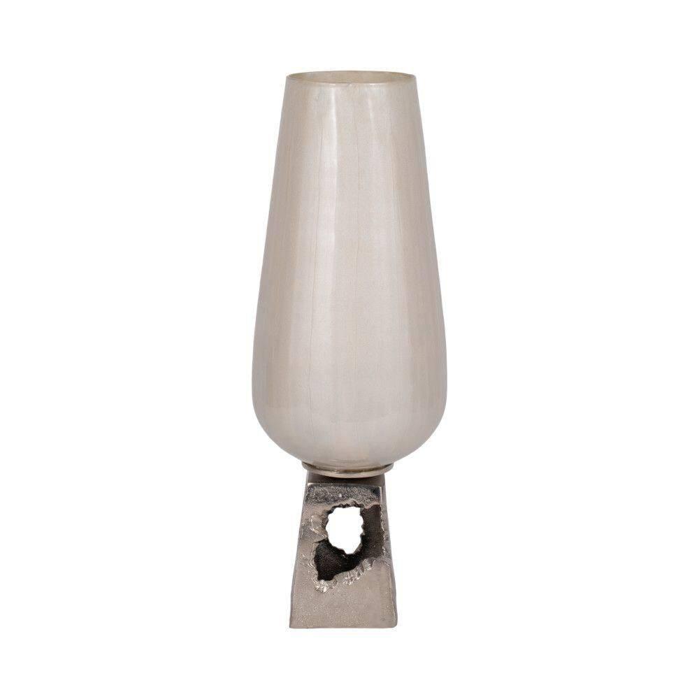 Glass, 19"h Vase with  Metal Base, Pearl White