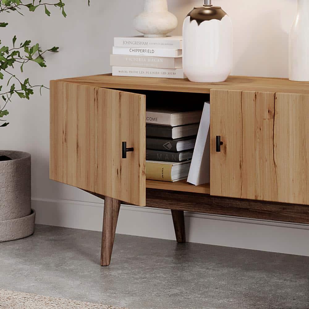 Living Skog  Chelsea Brown TV Stand Fits for TV's up to 65 in. with Slatted Design and Wood Legs light brown Matte Laminate