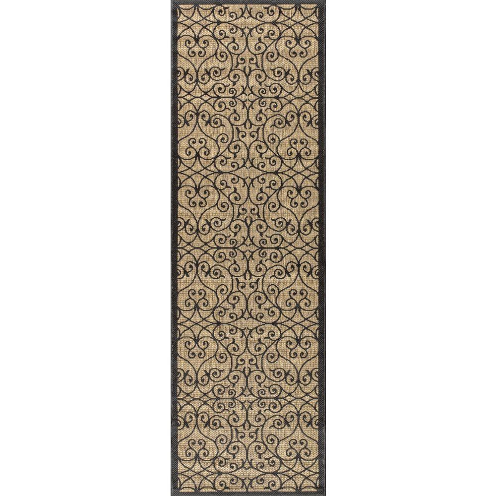 2'x8' Madrid Vintage Filigree Textured Weave Indoor/Outdoor Runner Rug, Black - JONATHAN Y