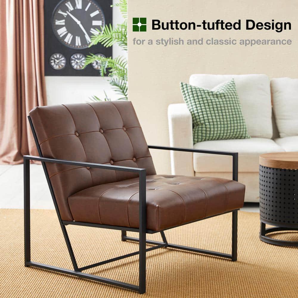 Modern Distressed Brown Faux Leather Button-Tufted Accent Chair