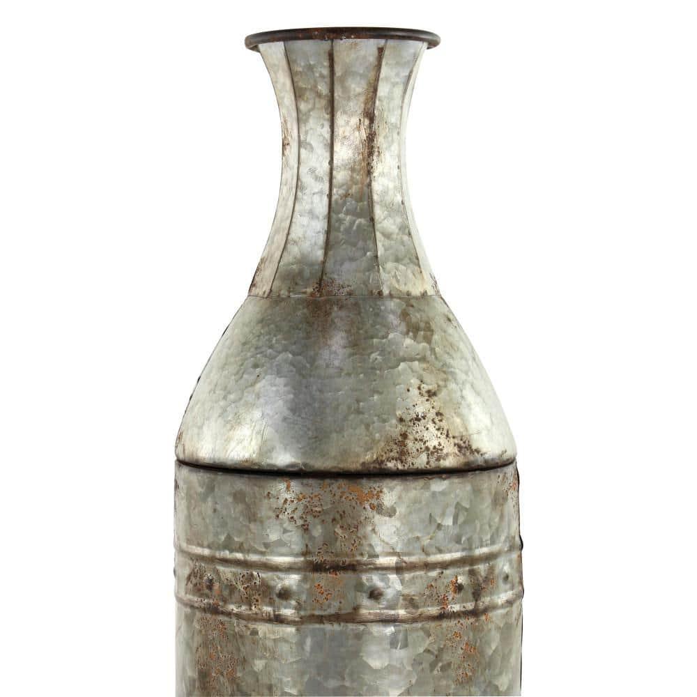 DecMode Farmhouse Cylinder Shape Extra Large Silver Distressed Metal Floor Vases, Set of 3, 43", 33", 25"H