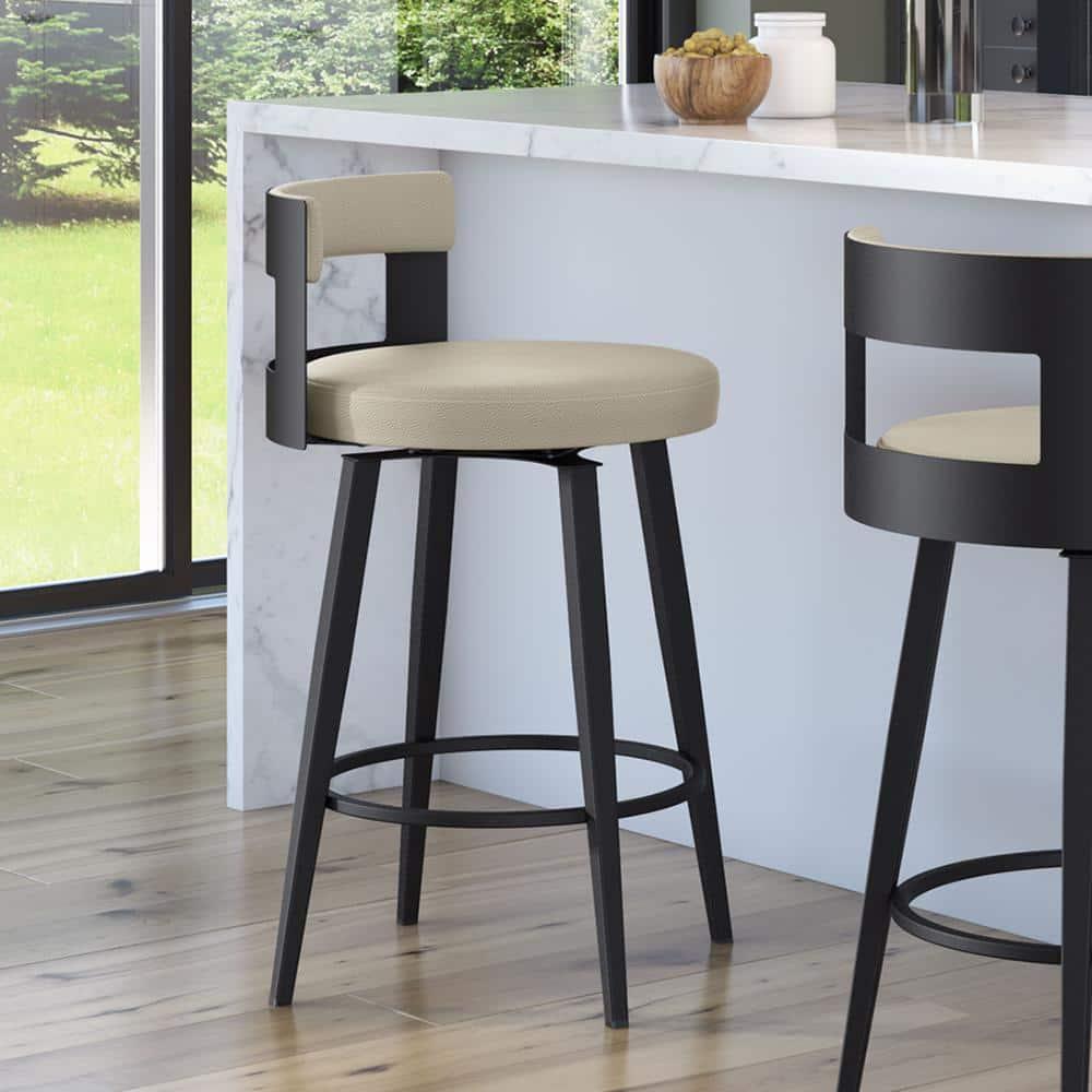 Amisco Paramont Upholstered Counter Height Barstool Greige/Black: Modern Round Faux Leather, Steel Frame, 300 lbs Capacity