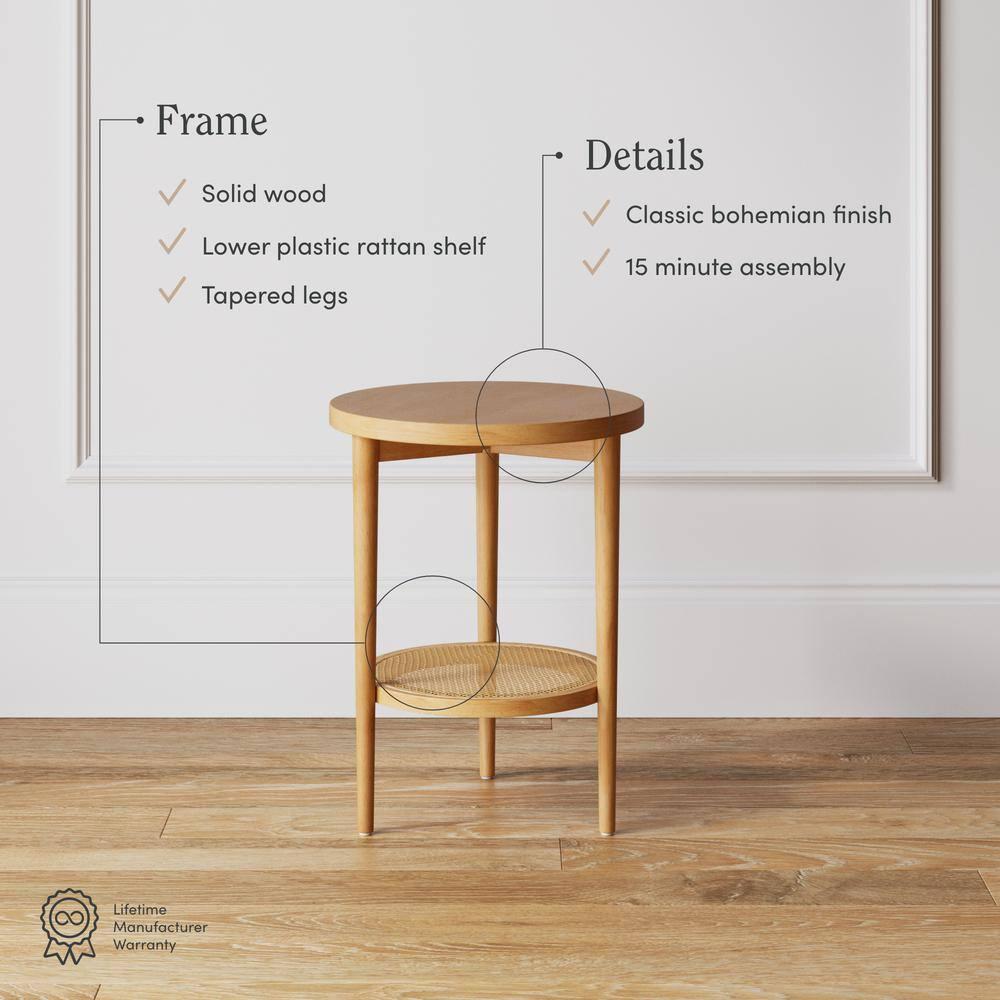 Sonia Light Brown Round Wood End Table with Rattan Shelf, Set of 2
