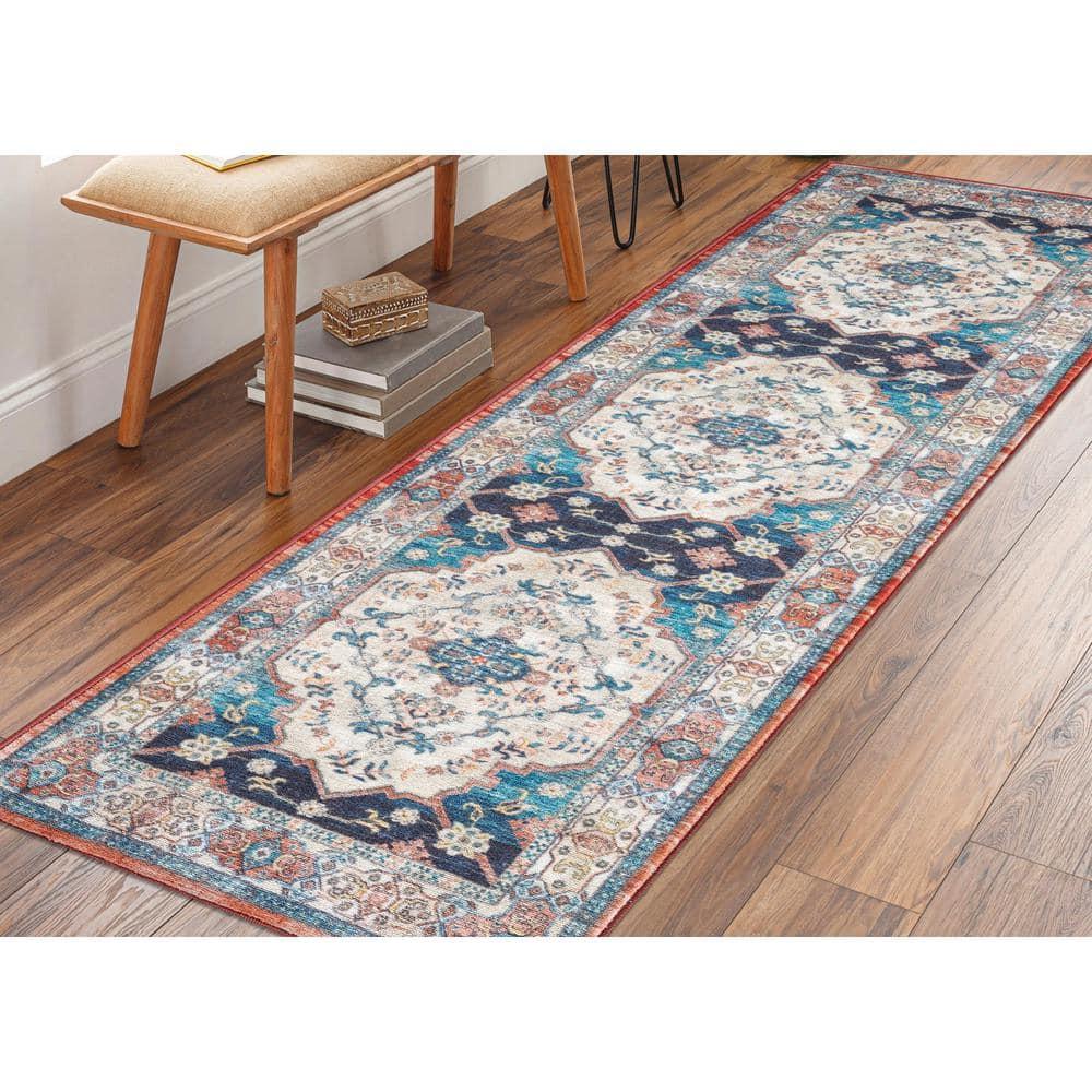 Ocean Medallion Navy 3 ft. x 9 ft. Machine Washable Traditional Indoor Area Rug