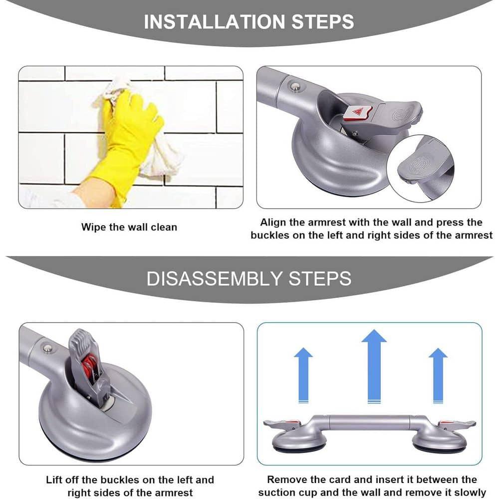 19-Inch Shower Handle - Upgraded Grab Bar with Strong Suction Cups for Bathtub & Shower Safety, Ideal for Seniors, Elderly, Disabled，Silver