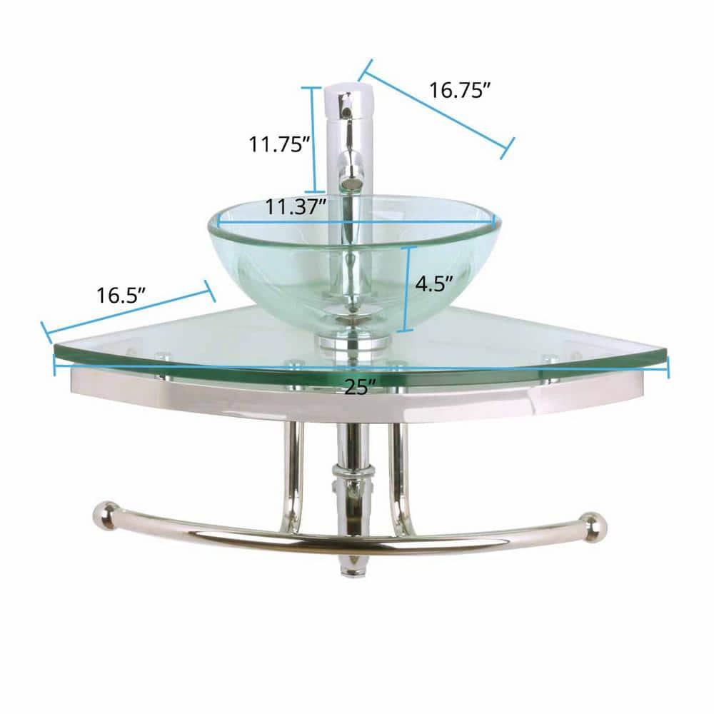 The Renovators Supply Inc. 10889 Round Corner Glass Wall Mount Bathroom Vessel Sink with Chrome Faucet Towel Bar