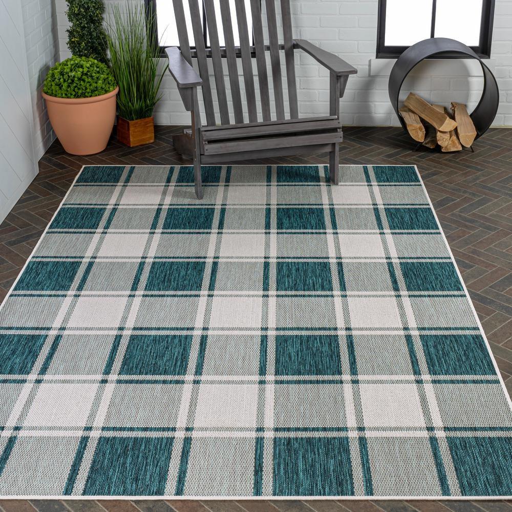 Sabine Traditional Farmhouse Bold Gingham Turquoise/Cream 8 ft. x 10 ft. Indoor/Outdoor Area Rug