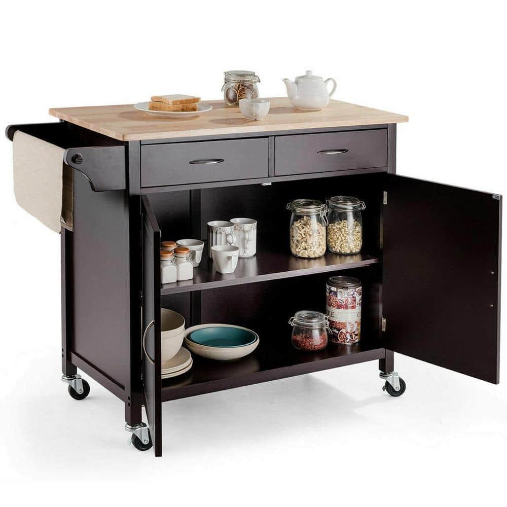 Costway Modern Rolling Kitchen Island Cart Wood Top Storage Trolley with Storage Drawers
