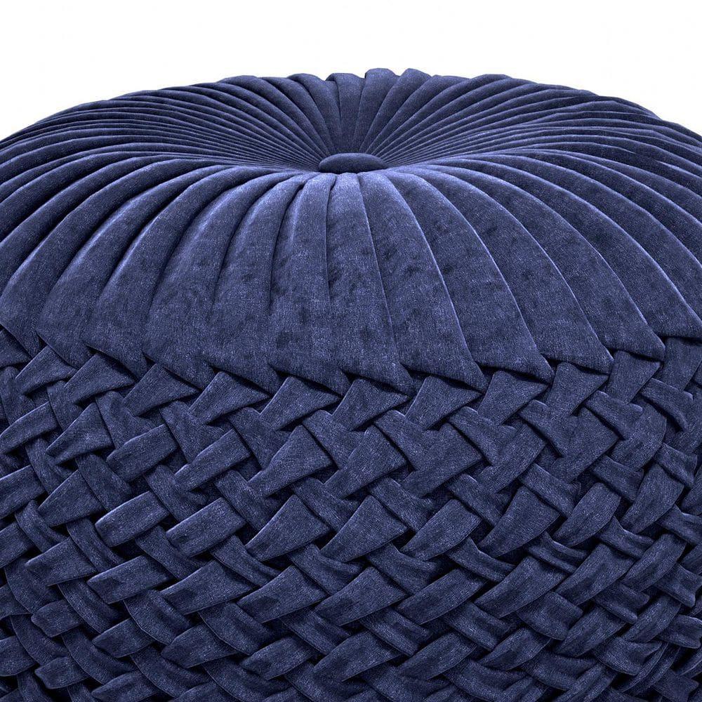 Simpli Home Grafton Transitional Round Pouf in Dark Blue Velvet Fabric