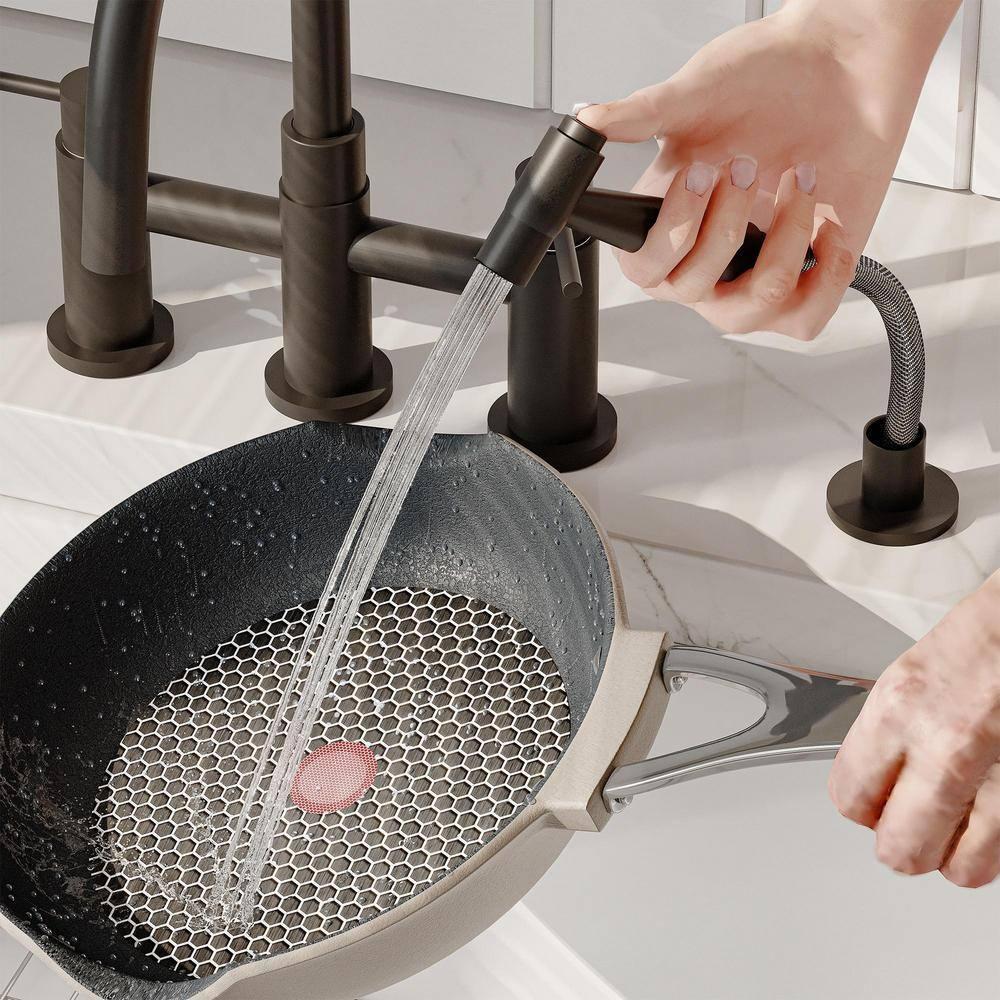 Double Handle Bridge Kitchen Faucet with Side Sprayer in Matte Black