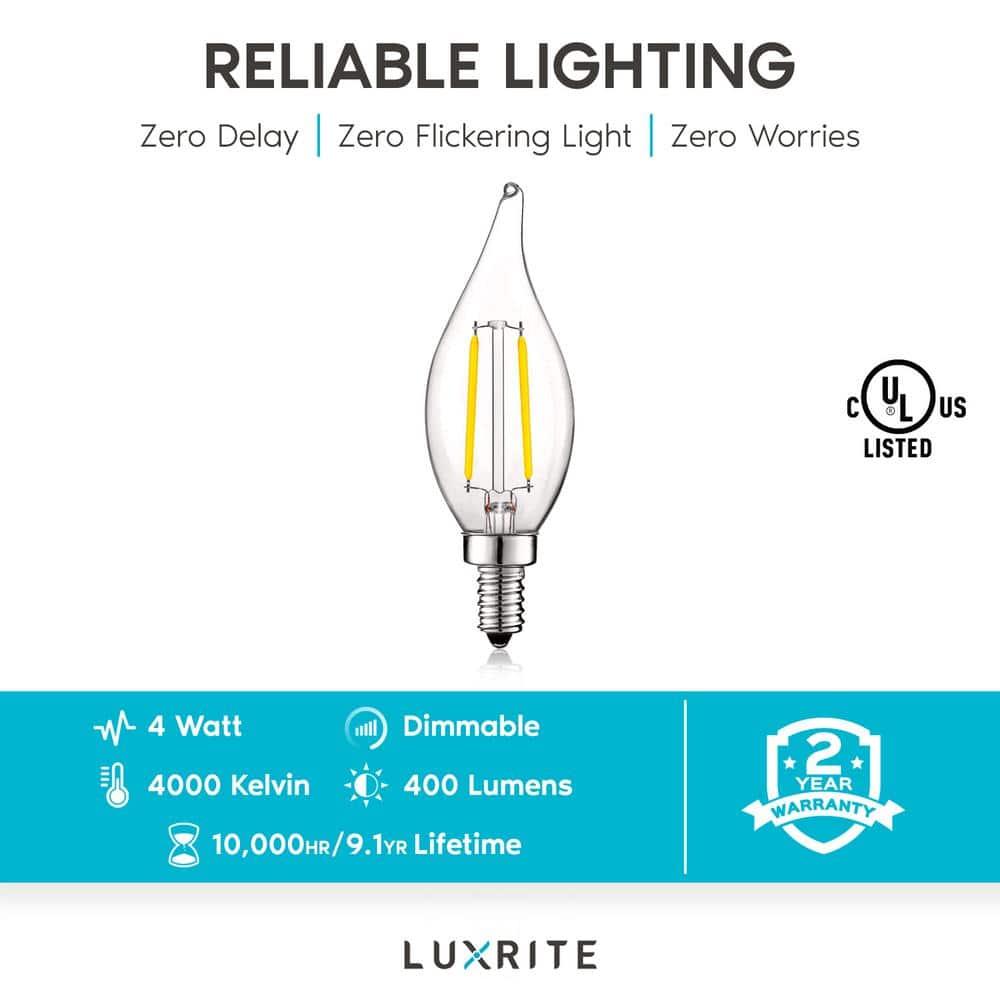 Luxrite 4W E12 Vintage Candelabra Dimmable LED Light Bulbs, 40W Equivalent 400 Lumens, 4000K Cool White, Flame Tip, 24-Pack