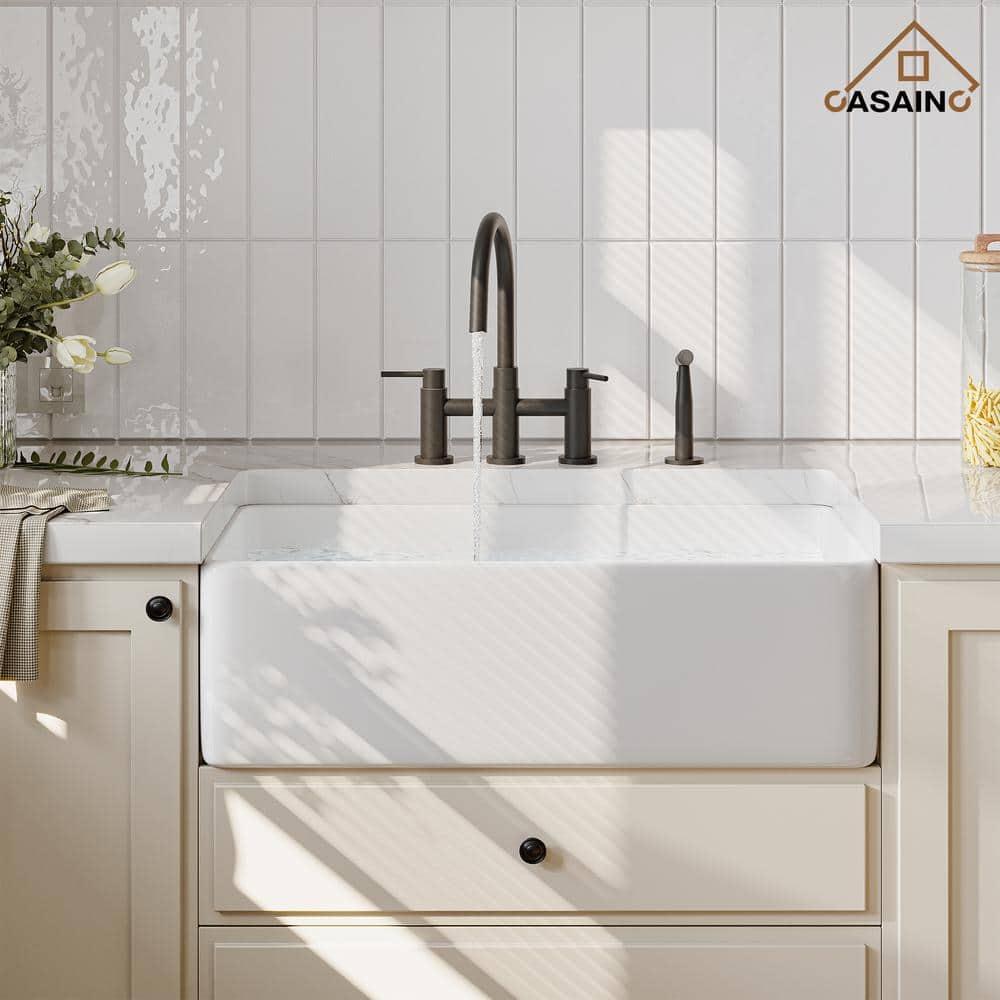 Double Handle Bridge Kitchen Faucet with Side Sprayer in Matte Black