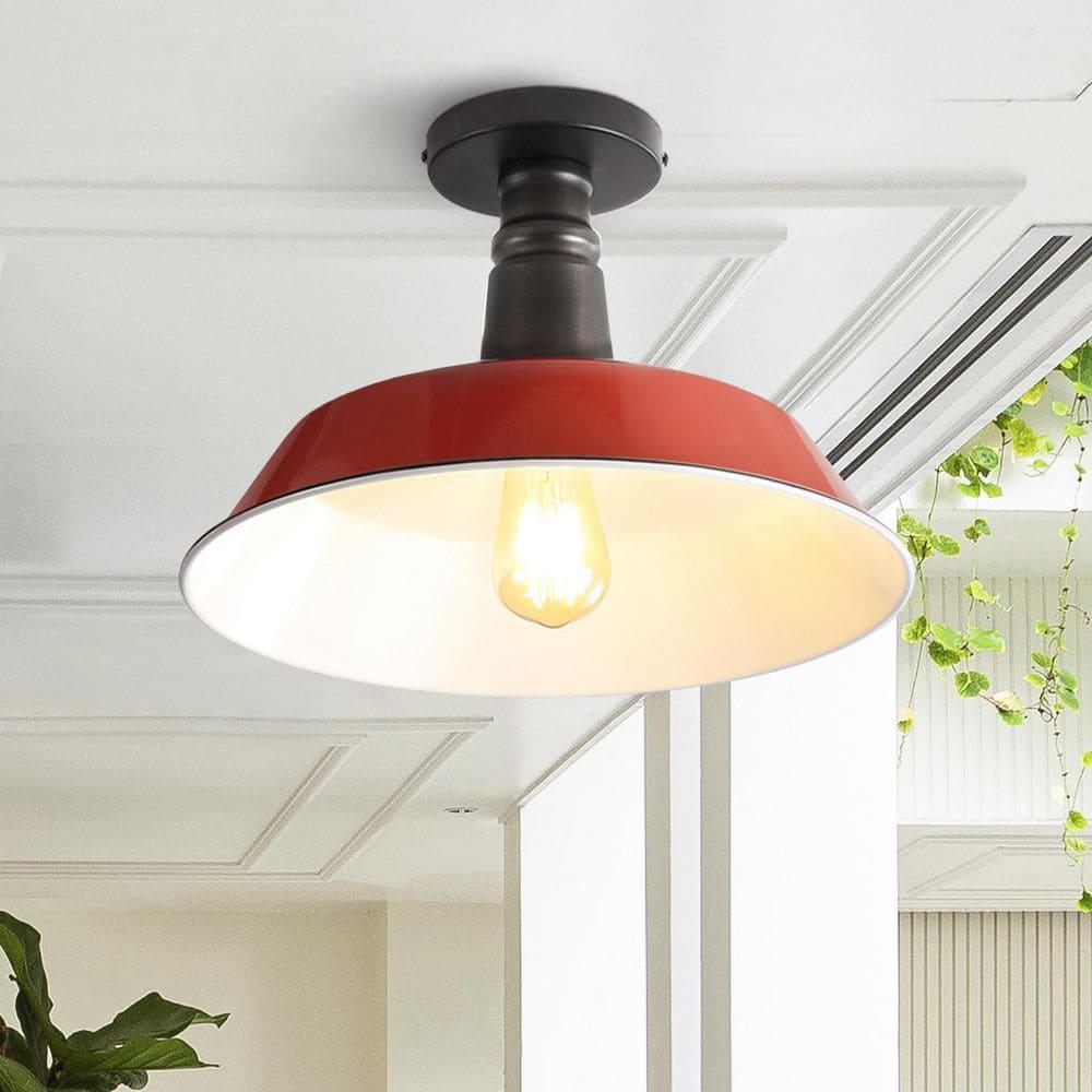 Camila 14" 1-Light Classic Industrial Indoor/Outdoor Iron LED Semi Flush Mount, Red/White
