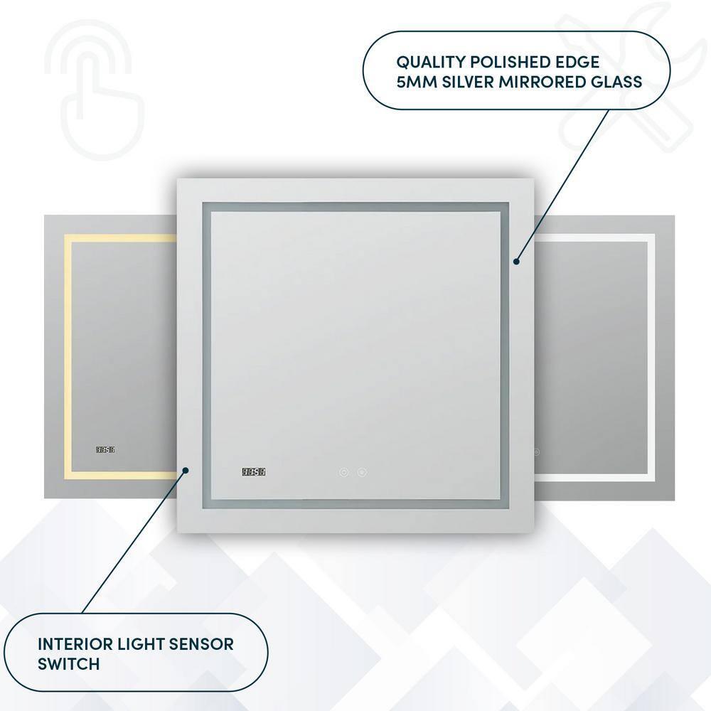 AQUADOM Daytona LED Wall-Mount Mirror for Bathroom with 3 Color Lighting, Touch Control, Dimmer and Defogger, Digital Clock.
