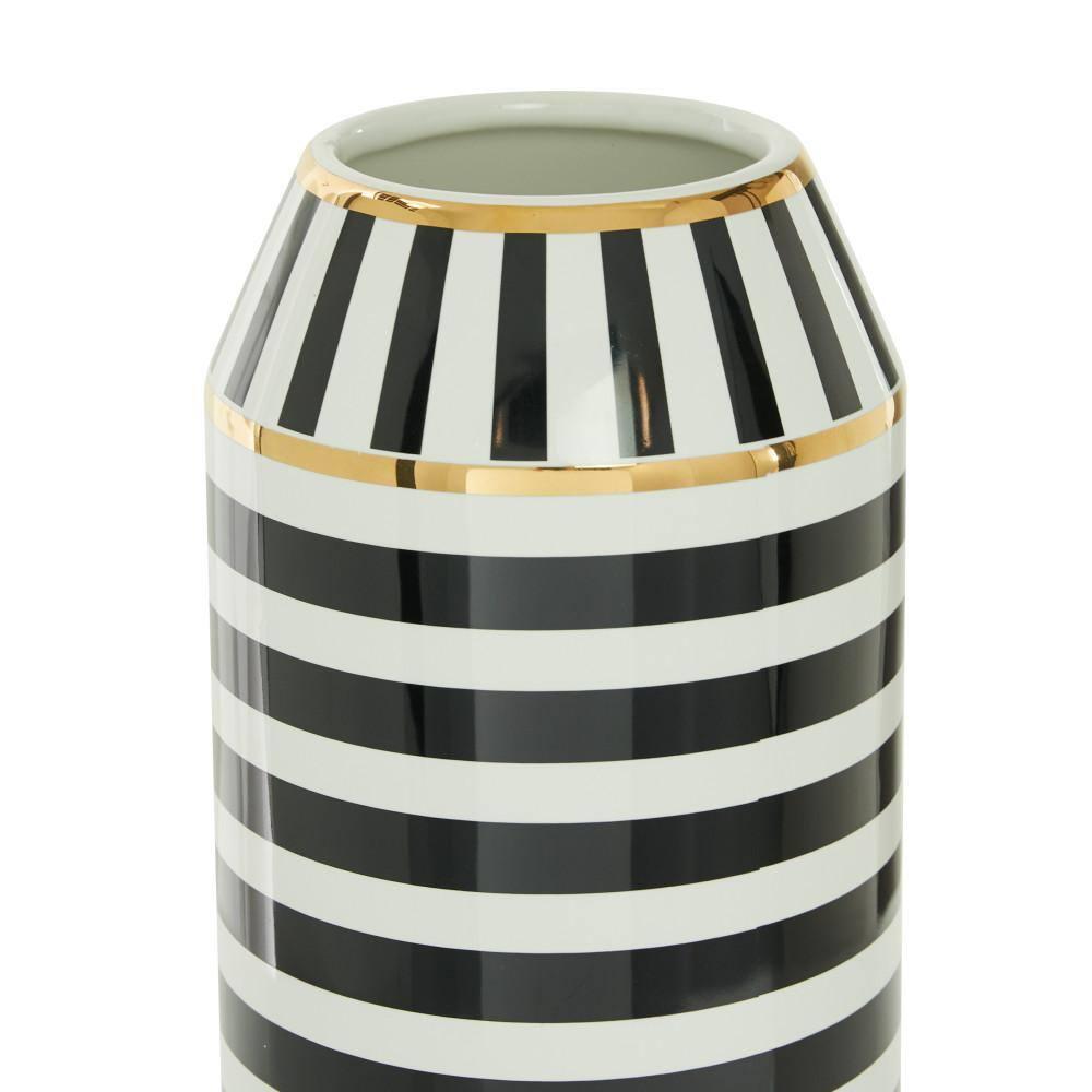 DecMode 16" Striped Black Ceramic Vase with Gold Accents