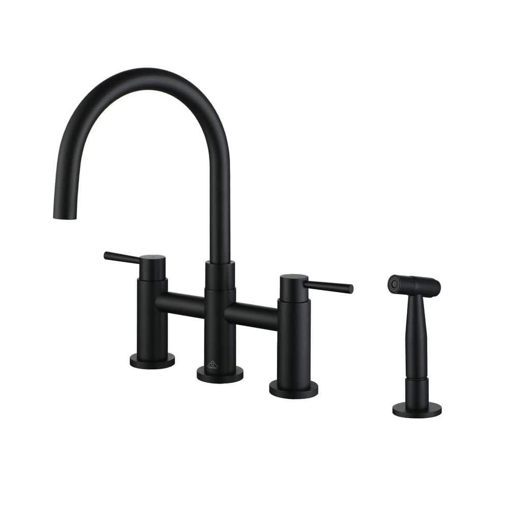 Double Handle Bridge Kitchen Faucet with Side Sprayer in Matte Black
