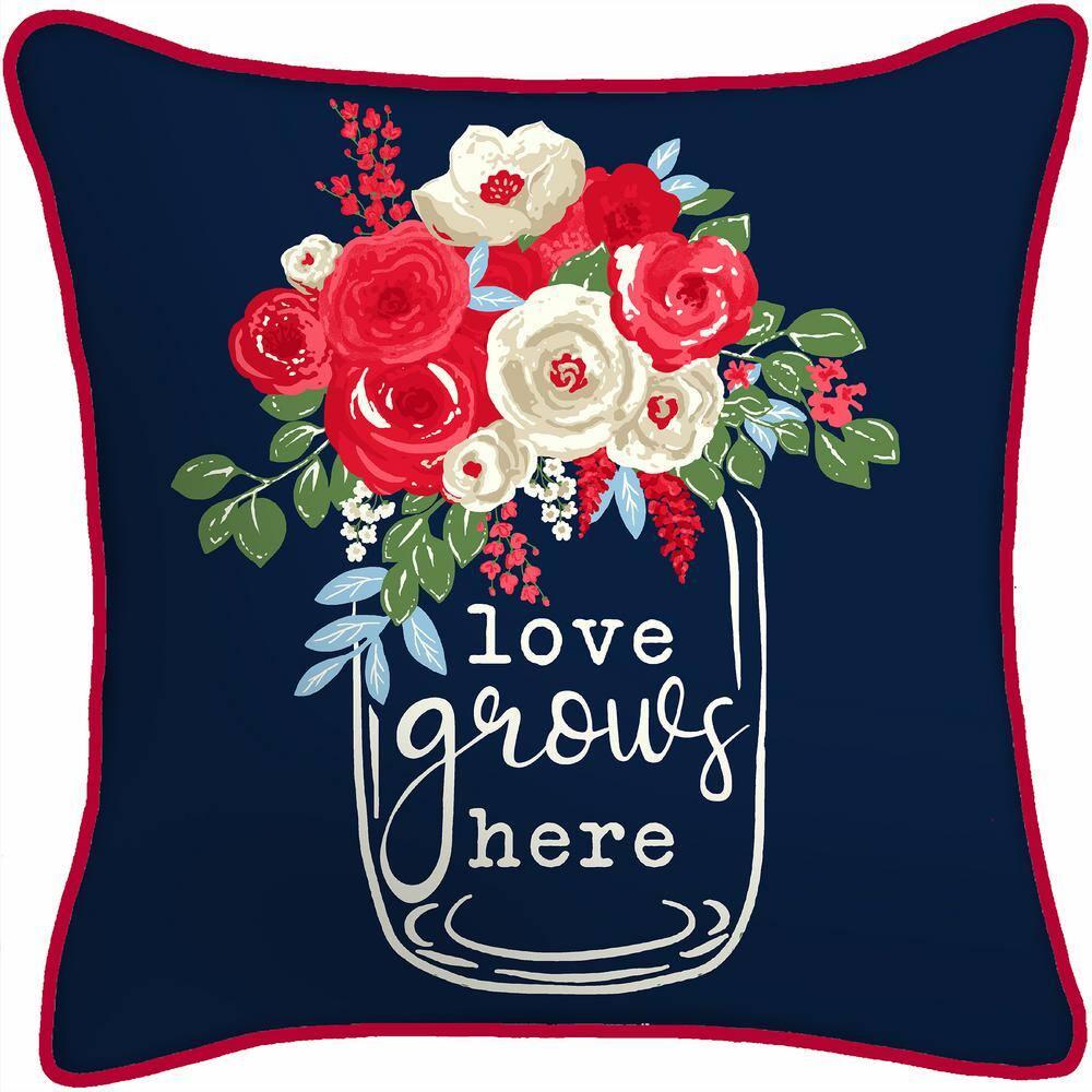 Jordan Manufacturing 16" x 16" Love Grows Here Navy Novelty and Multicolor Floral Reversible Square Outdoor Throw Pillow with Welt