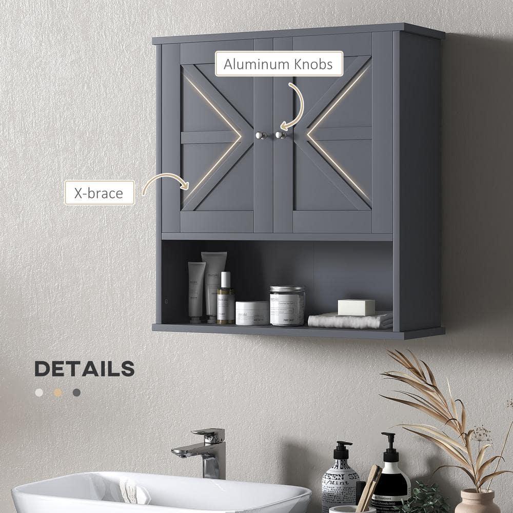 kleankin Bathroom Wall Cabinet, Farmhouse Medicine Cabinet with Open Shelf & Adjustable Shelf, Storage Cupboard for Laundry Room, Gray