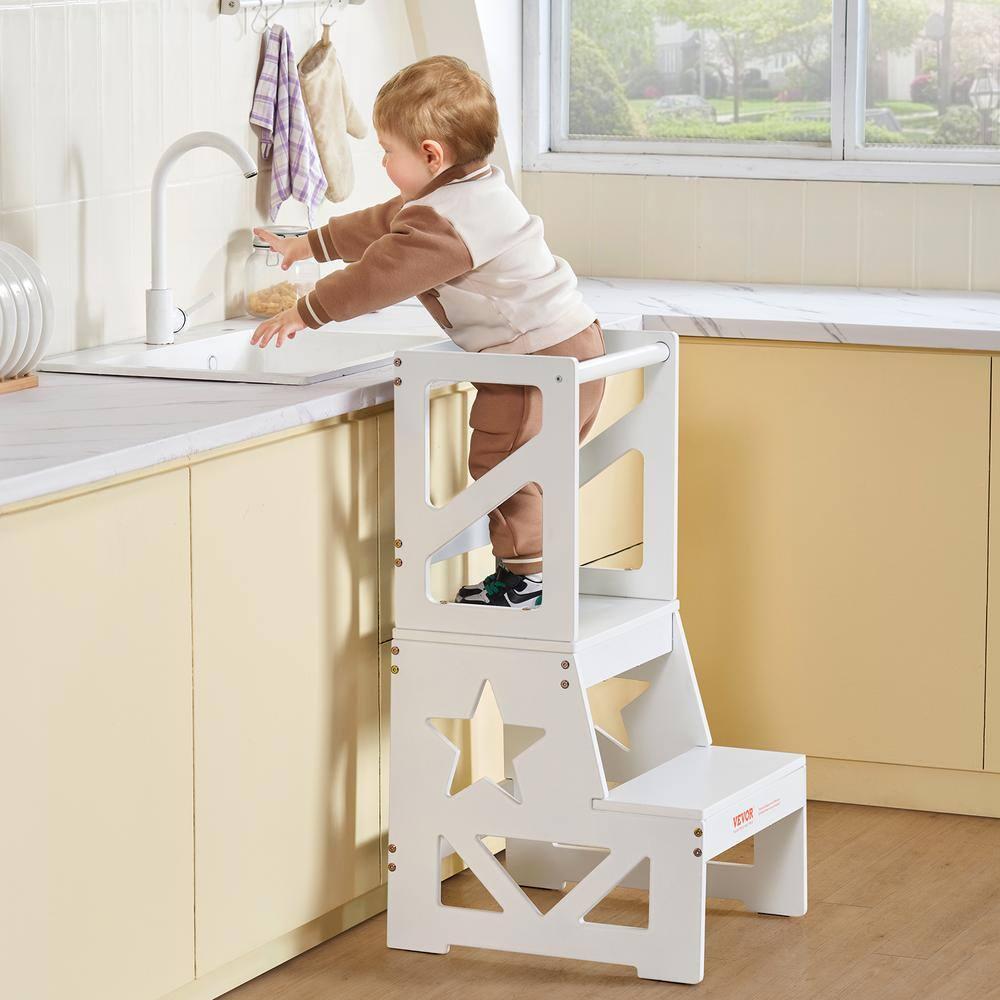 Toddler Step Stool, Natural Pine Wood Kids Kitchen Stool Helper with Safety Rail, Standing Tower Learning Stool for Bedroom Bathroom Kitchen Counter, 150LBS Loading Capacity,