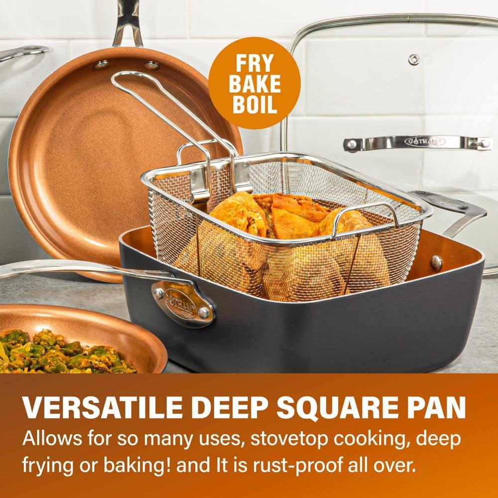Gotham Steel Gotham Steel 9.5" Deep Squre Nonstick Pan with Steamer Tray, Fry Basket and Glass Lid