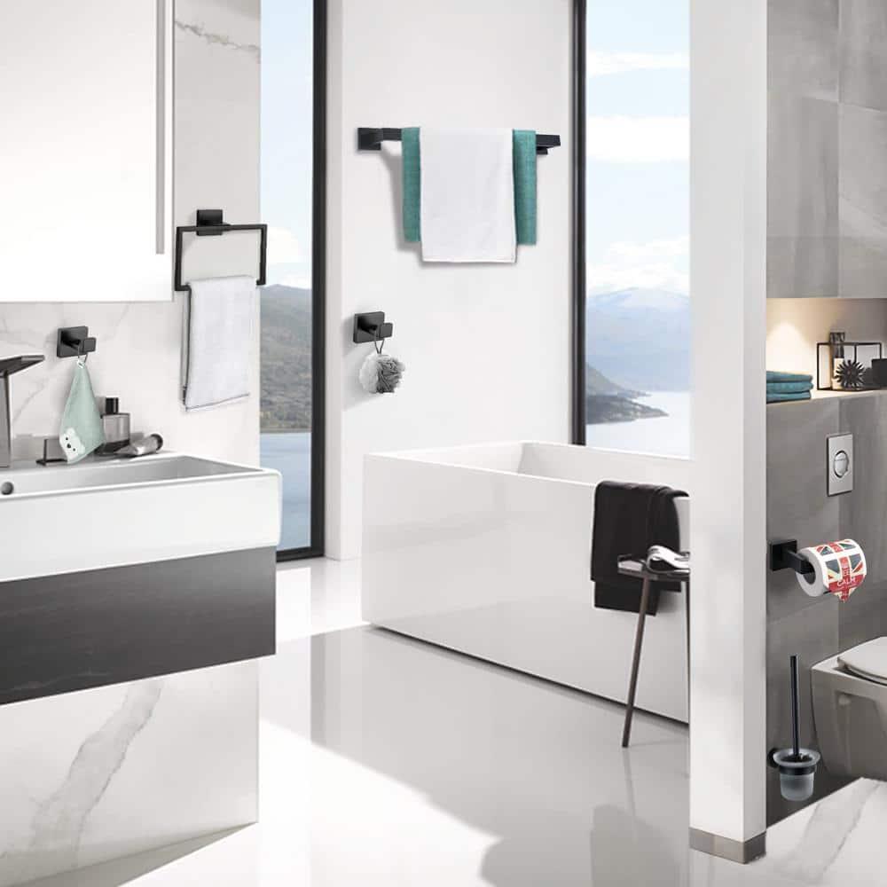 5 Pieces Square Matte Black Stainless Steel Bathroom Accessories Set Include 23.6 in Towel Bar, Toilet Paper Holder, Towel Ring, 2 Robe Towel Hooks