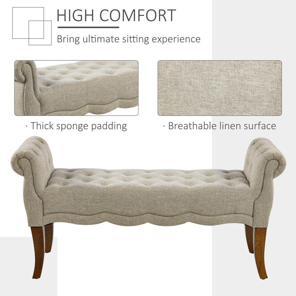 HOMCOM Traditional Style End of Bed Bench, Upholstered Entryway Bench with Button Tufted and Rounded Arm, Beige