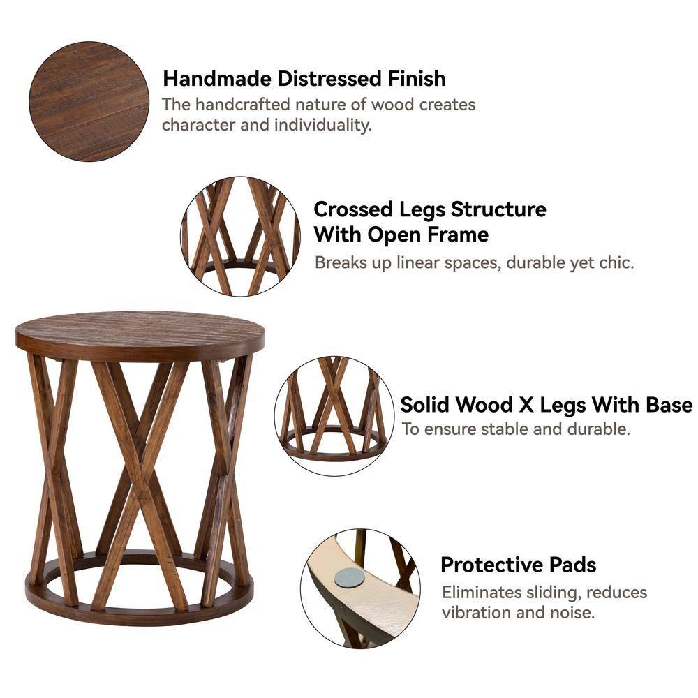 Rustic Brown Round Wood End Table with X-Motif Legs