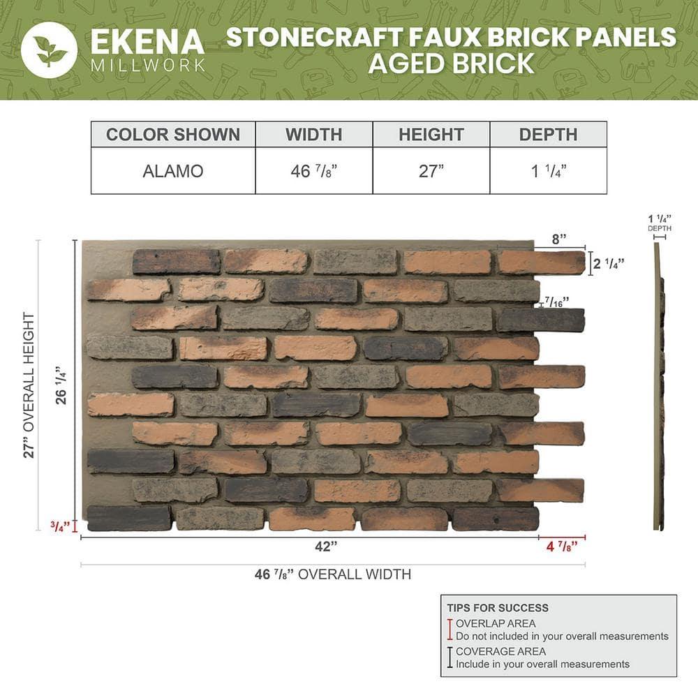 StoneCraft Aged Brick Faux Brick Panel, 46 7/8"W x 27"H x 1 1/4"D