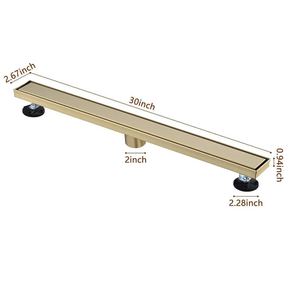 Linear Shower Floor Drain, Brushed Gold 30 Inch 304 Stainless Steel Bathroom Drains Kit, Rectangular Shower Trench Drain with Reversable Tile-in Pattern Drain Cover & Hair Catcher