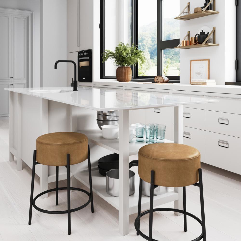 24" Isaac Upholstered Barstool with Footrest in Light Brown/Matte Black - Nathan James